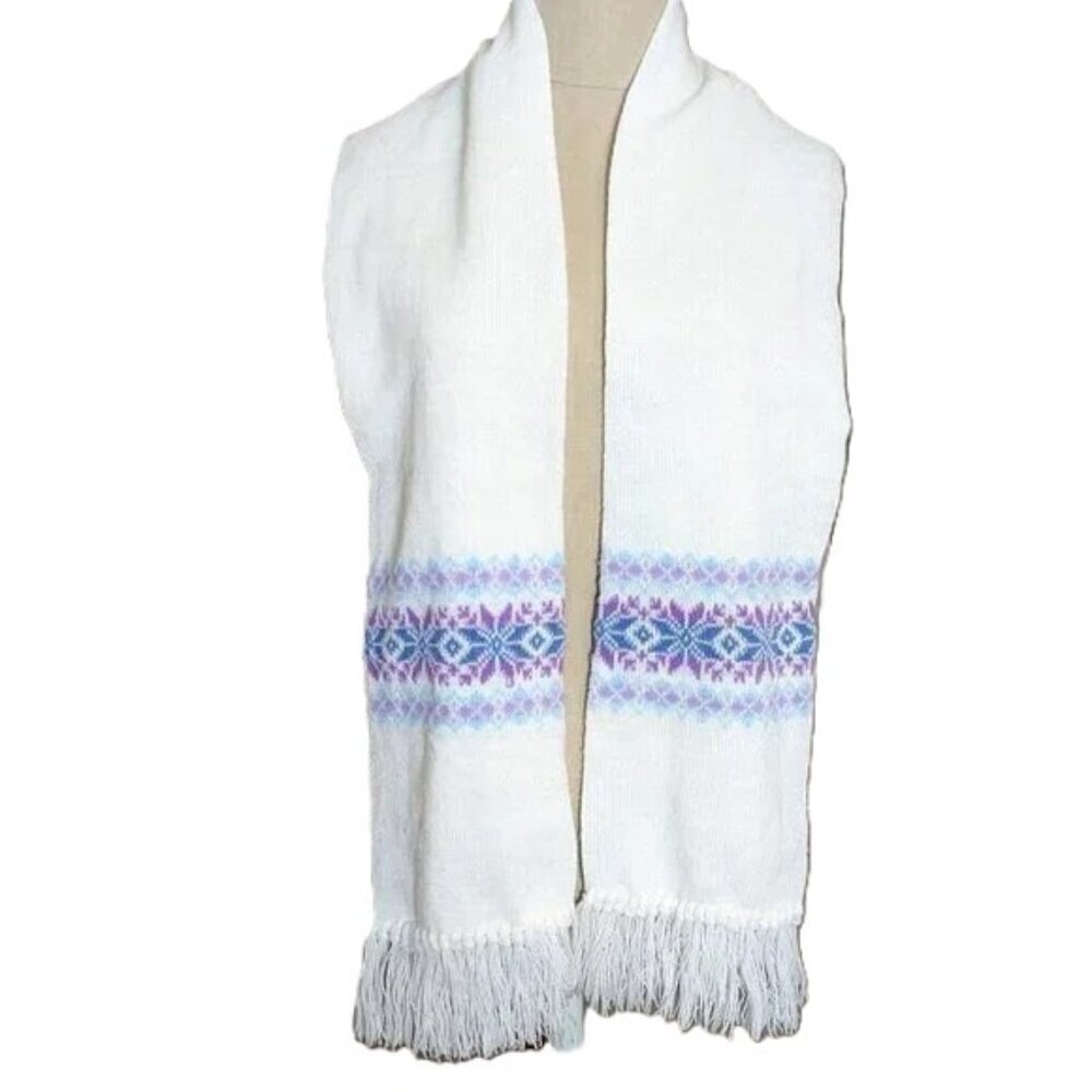 Fair Isle Scarf Vintage Knit Fringe Snowflake Print Boho‎ Acrylic by Leggs